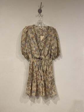 Entro Dress Womens Medium Beige Floral Wrap Puff Sleeve Tie Waist Mini Ruffle